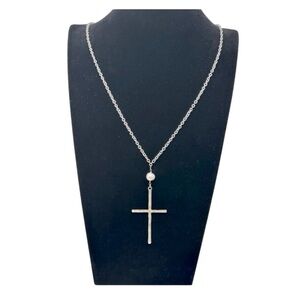 Hammered Silver-Tone Cross Pearl Pendant Necklace Boho Festival Christian Long